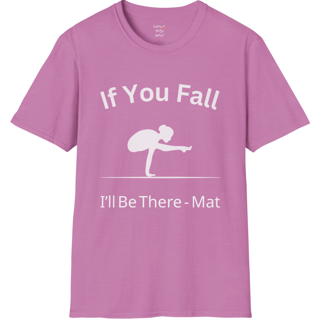 Balancing pose illustration with "If You Fall I'll Be There – Mat" typography on Heather Radiant Orchid tee — The Vault collection by Ramro Yoga Wear