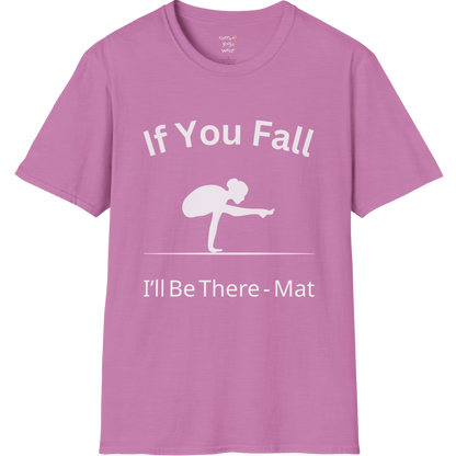 Balancing pose illustration with "If You Fall I'll Be There – Mat" typography on Heather Radiant Orchid tee — The Vault collection by Ramro Yoga Wear