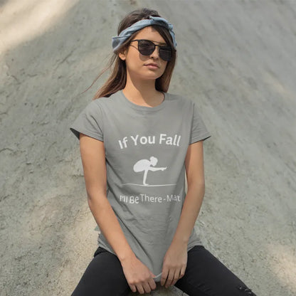 Woman wearing the If You Fall T-Shirt in Heather Military Green outdoors with sunglasses — The Vault collection by Ramro Yoga Wear