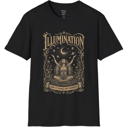 Seated woman arms raised to crescent moon botanical engraving design — Sacred Thread collection by Ramro Yoga Wear — Black