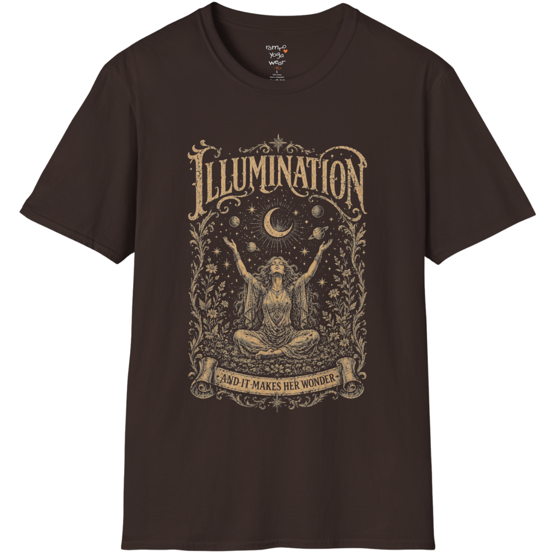 Seated woman arms raised to crescent moon botanical engraving design — Sacred Thread collection by Ramro Yoga Wear — Dark Chocolate