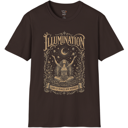 Seated woman arms raised to crescent moon botanical engraving design — Sacred Thread collection by Ramro Yoga Wear — Dark Chocolate