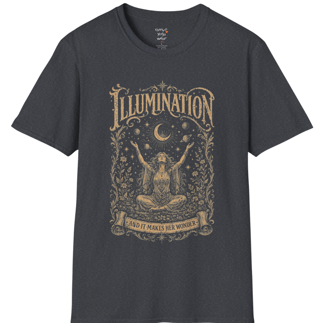 Seated woman arms raised to crescent moon botanical engraving design — Sacred Thread collection by Ramro Yoga Wear — Dark Heather Grey