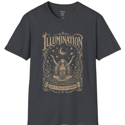 Seated woman arms raised to crescent moon botanical engraving design — Sacred Thread collection by Ramro Yoga Wear — Dark Heather Grey