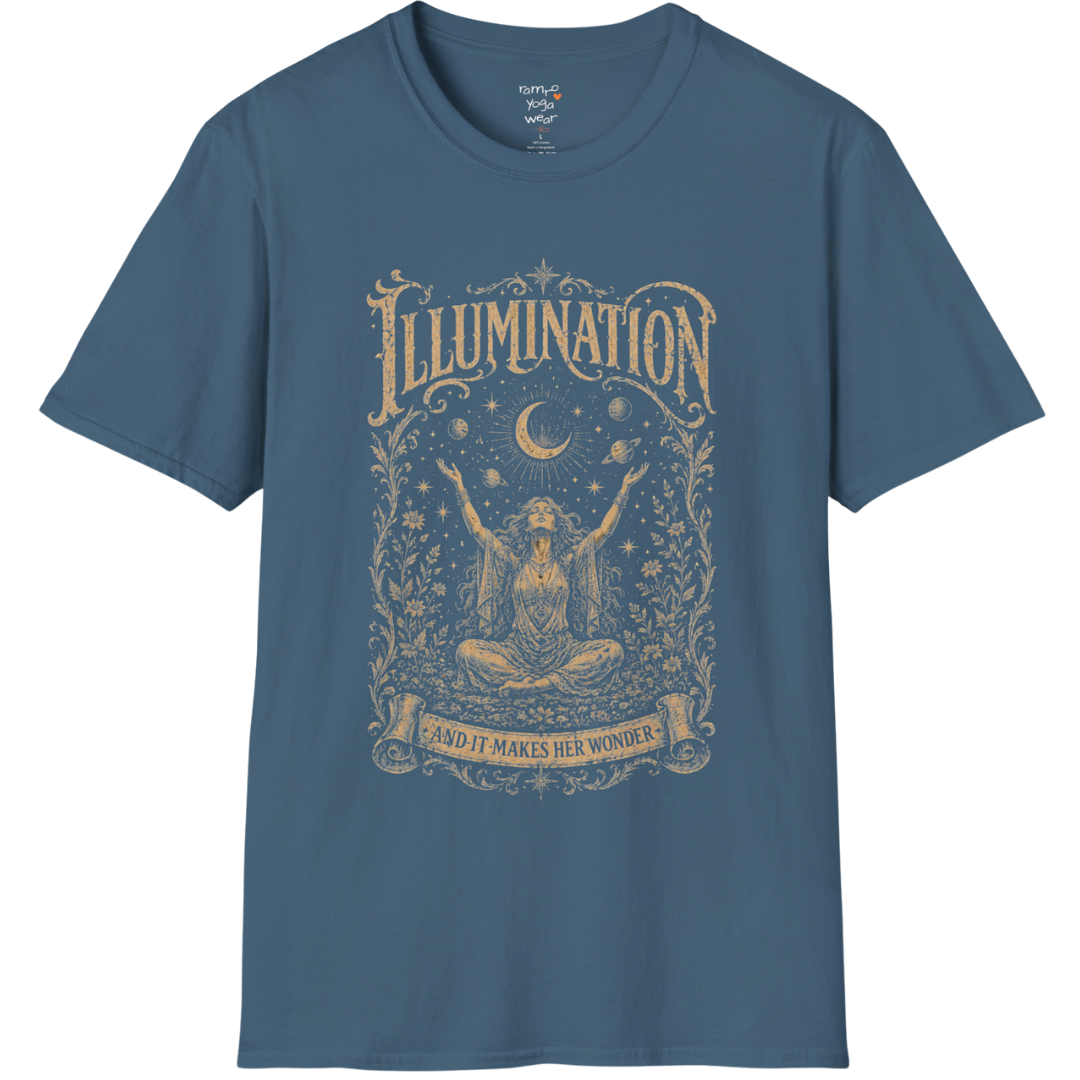 Seated woman arms raised to crescent moon botanical engraving design — Sacred Thread collection by Ramro Yoga Wear — Indigo Blue
