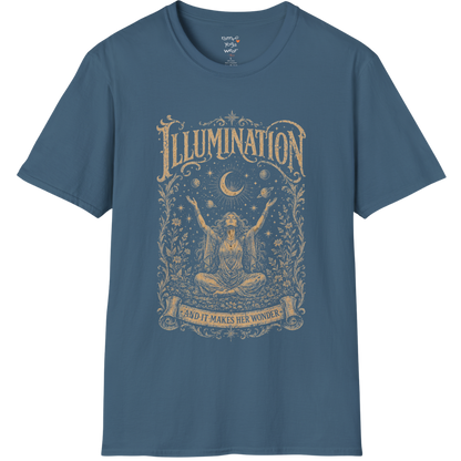 Seated woman arms raised to crescent moon botanical engraving design — Sacred Thread collection by Ramro Yoga Wear — Indigo Blue
