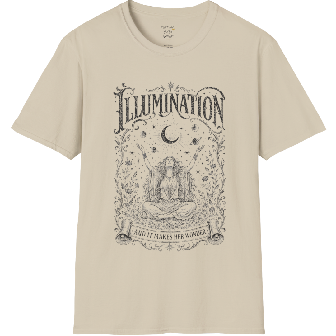 Seated woman arms raised to crescent moon botanical engraving design — Sacred Thread collection by Ramro Yoga Wear — Sand