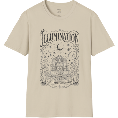 Seated woman arms raised to crescent moon botanical engraving design — Sacred Thread collection by Ramro Yoga Wear — Sand
