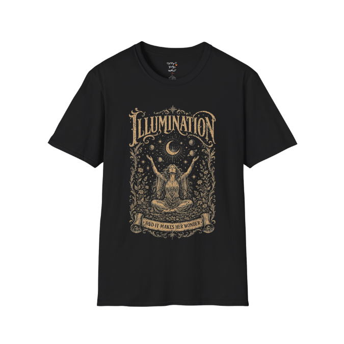 Seated woman arms raised to crescent moon botanical engraving design — Sacred Thread collection by Ramro Yoga Wear — Black