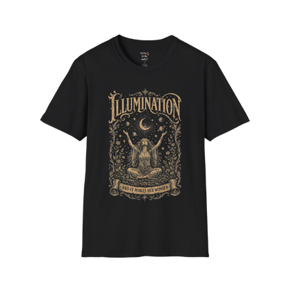 Seated woman arms raised to crescent moon botanical engraving design — Sacred Thread collection by Ramro Yoga Wear — Black