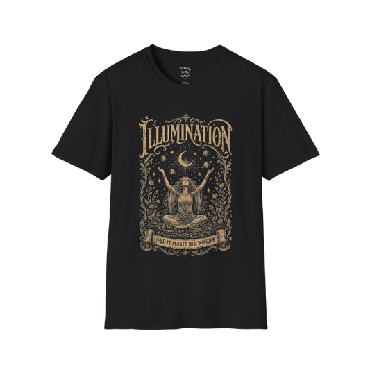 Seated woman arms raised to crescent moon botanical engraving design — Sacred Thread collection by Ramro Yoga Wear — Black