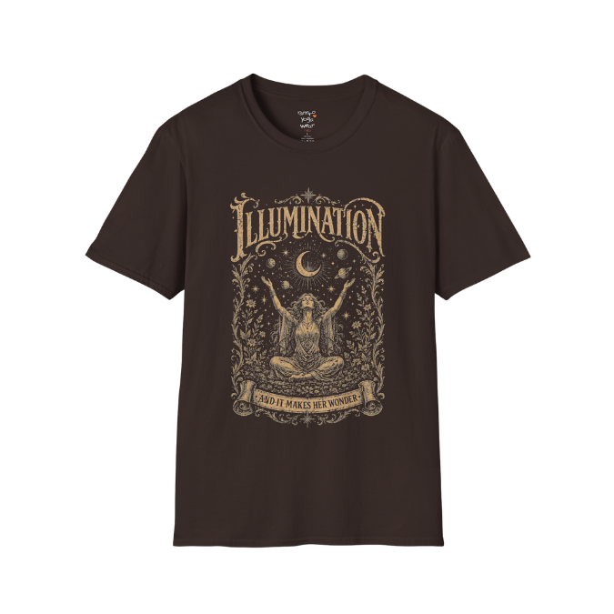 Seated woman arms raised to crescent moon botanical engraving design — Sacred Thread collection by Ramro Yoga Wear — Dark Chocolate