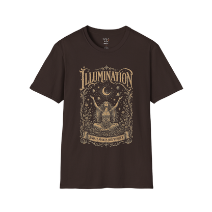 Seated woman arms raised to crescent moon botanical engraving design — Sacred Thread collection by Ramro Yoga Wear — Dark Chocolate