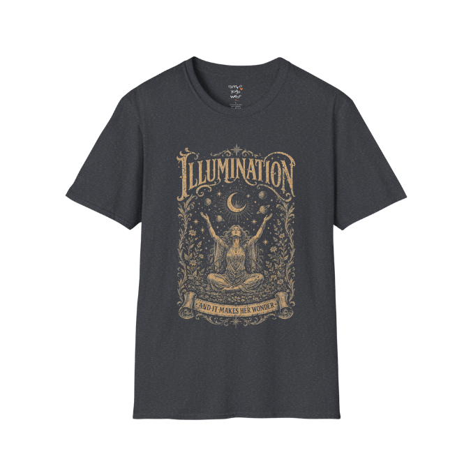 Seated woman arms raised to crescent moon botanical engraving design — Sacred Thread collection by Ramro Yoga Wear — Dark Heather Grey