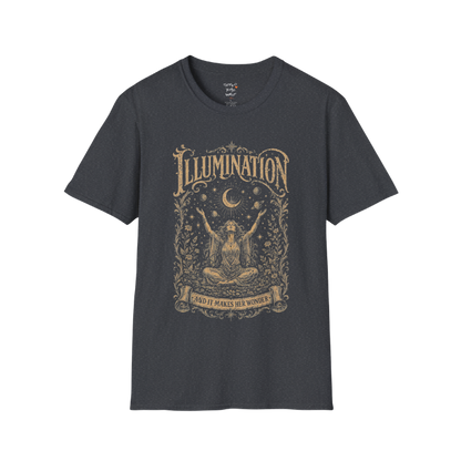 Seated woman arms raised to crescent moon botanical engraving design — Sacred Thread collection by Ramro Yoga Wear — Dark Heather Grey