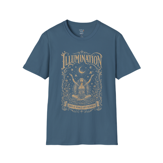 Seated woman arms raised to crescent moon botanical engraving design — Sacred Thread collection by Ramro Yoga Wear — Indigo Blue