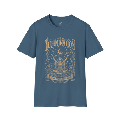 Seated woman arms raised to crescent moon botanical engraving design — Sacred Thread collection by Ramro Yoga Wear — Indigo Blue