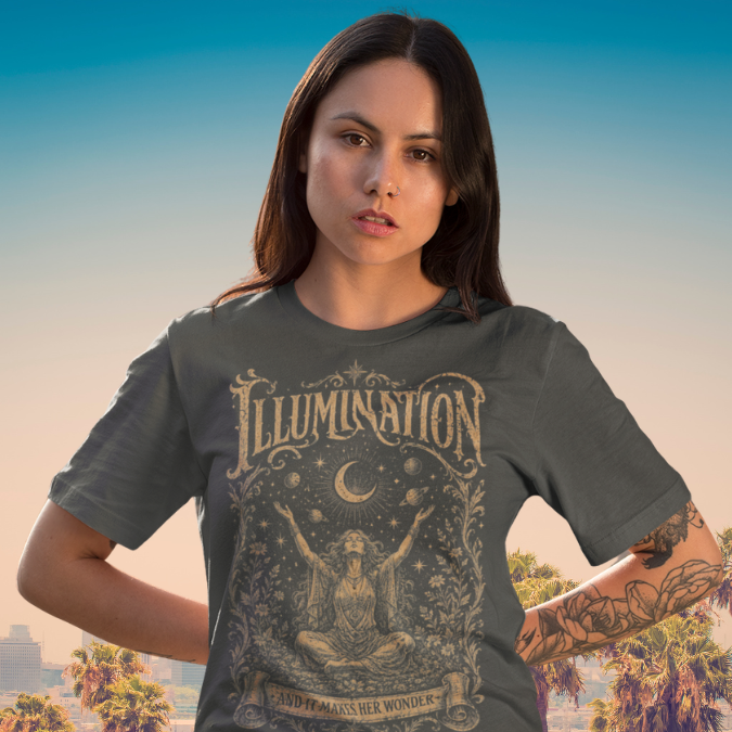 Woman wearing Illumination dark heather grey sacred yoga shirt outdoors — Sacred Thread collection by Ramro Yoga Wear