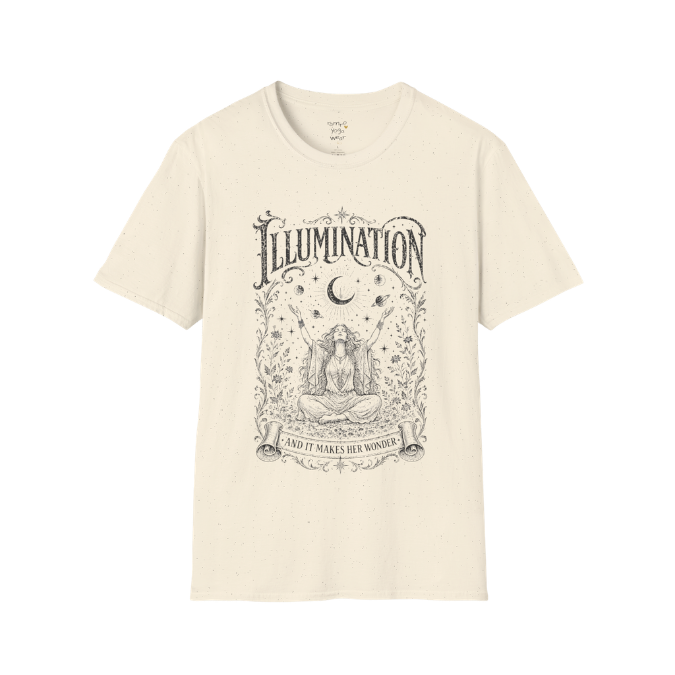 Seated woman arms raised to crescent moon botanical engraving design — Sacred Thread collection by Ramro Yoga Wear — Natural