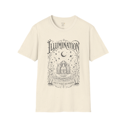 Seated woman arms raised to crescent moon botanical engraving design — Sacred Thread collection by Ramro Yoga Wear — Natural