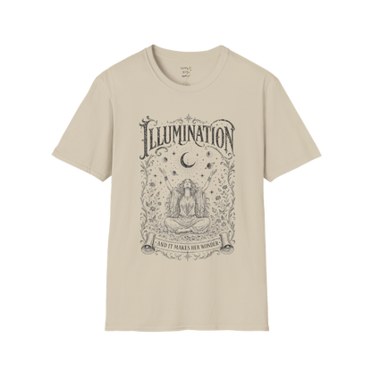 Seated woman arms raised to crescent moon botanical engraving design — Sacred Thread collection by Ramro Yoga Wear — Sand