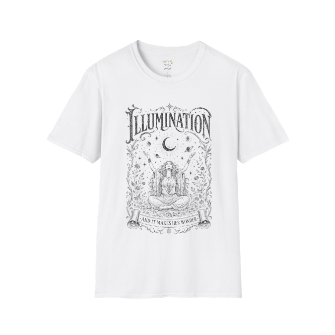 Seated woman arms raised to crescent moon botanical engraving design — Sacred Thread collection by Ramro Yoga Wear — White