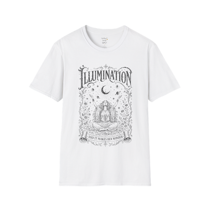 Seated woman arms raised to crescent moon botanical engraving design — Sacred Thread collection by Ramro Yoga Wear — White