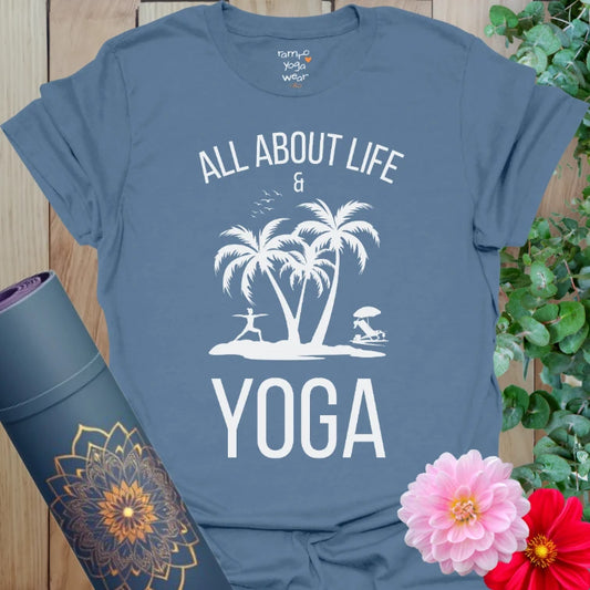 Indigo Blue About Life T-Shirt with coastal yoga silhouette. Casual mindful wear for island dreaming and grounded souls.