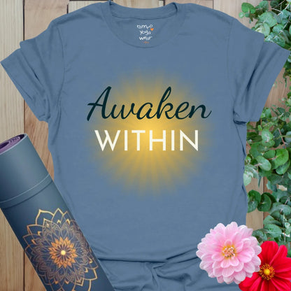 Indigo Blue Awaken T-Shirt with inner light glow design. Soft, centered tee for meditation, movement, and meaningful days.