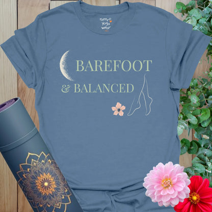 Indigo Blue Barefoot T-Shirt with moon, flower, and flowing line art. Mindful graphic tee for slow days and barefoot wanderers.