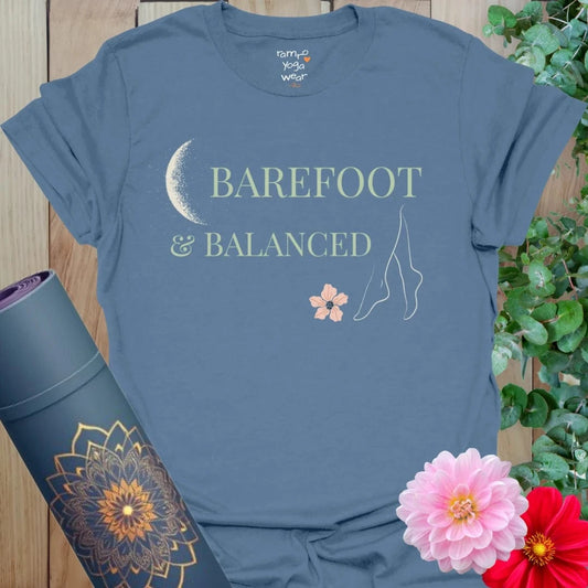 Indigo Blue Barefoot T-Shirt with moon, flower, and flowing line art. Mindful graphic tee for slow days and barefoot wanderers.