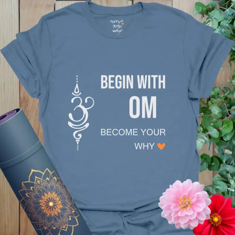 Deep indigo yoga T-shirt with mindful mantra and orange heart detail. Mindful threads, soft cotton and crew neck.