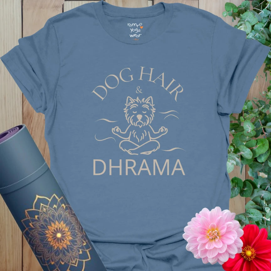 Indigo Blue Dog Hair T-Shirt with white text and lotus-pose pup. A playful yoga tee for pet lovers with a sense of humor.