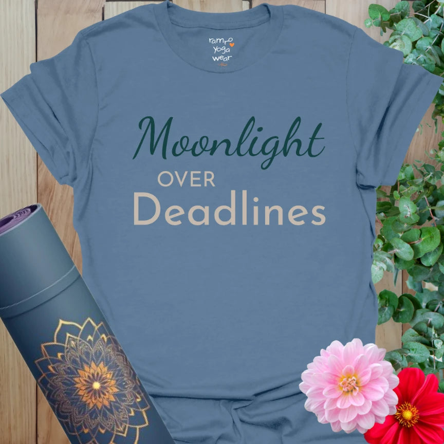 Indigo Blue Moonlight T-Shirt with peaceful teal and beige typography. A quiet call to choose calm over chaos.