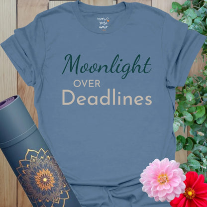 Indigo Blue Moonlight T-Shirt with peaceful teal and beige typography. A quiet call to choose calm over chaos.