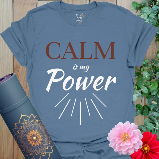Indigo Blue My Power T-Shirt featuring calming typography and sunbeam lines. Bold yoga-inspired affirmation tee for grounded expression.