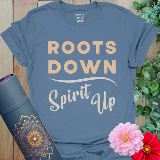 Vintage block and script yoga mantra design, calm earthy vibe on dusty blue tee.