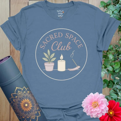 Indigo Blue Sacred Space T-Shirt with spiritual emblem art. A calming choice for wellness routines and mindful days.