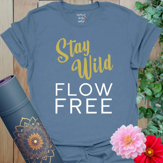 calm vintage brush script yoga mantra, free spirit lettering on dusty blue tee.
