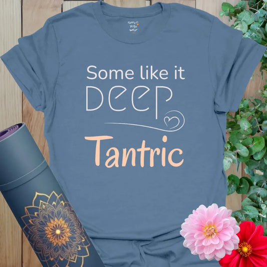 Indigo Blue Tantric T-Shirt featuring white and peach text. Cheeky yoga tee for depth-seeking practitioners.