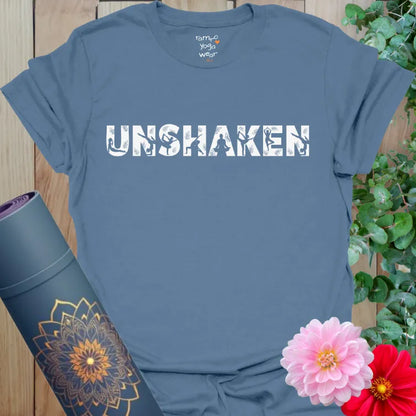 calm vintage distressed yoga graphic tee, gritty mindful mantra on soft dusty blue shirt.