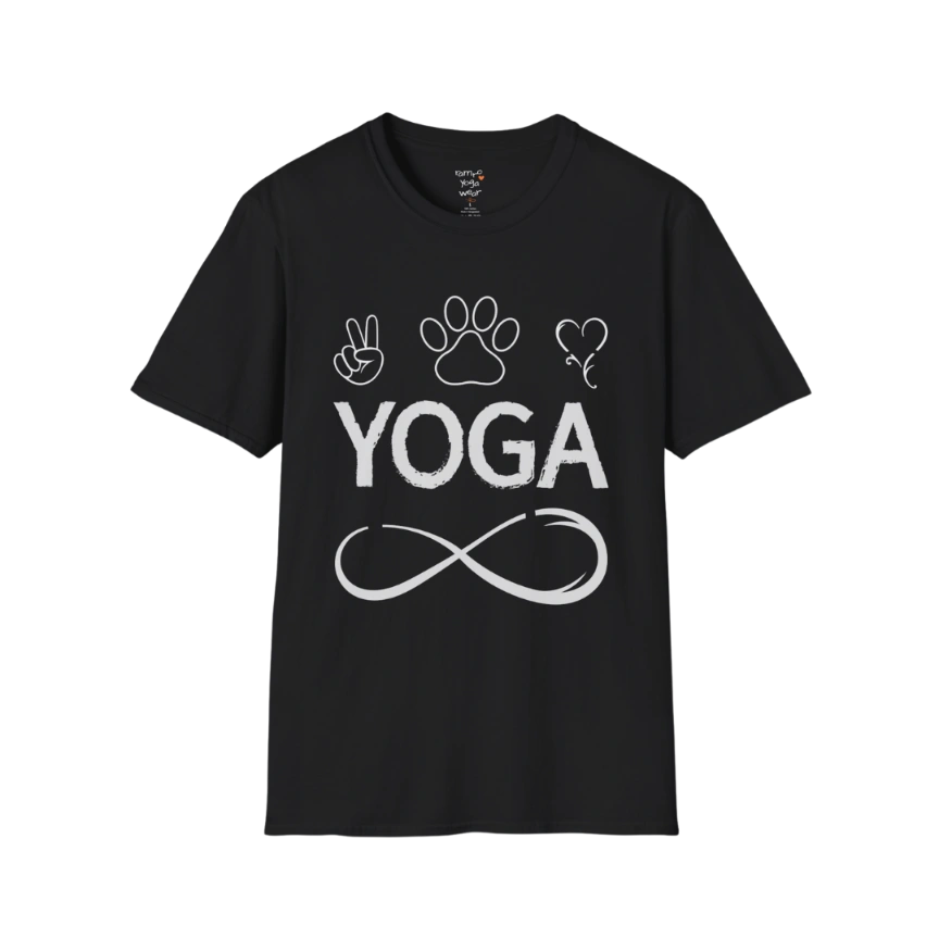 Paw print and heart icons above YOGA text with infinity symbol design — The Vault collection by Ramro Yoga Wear — Black