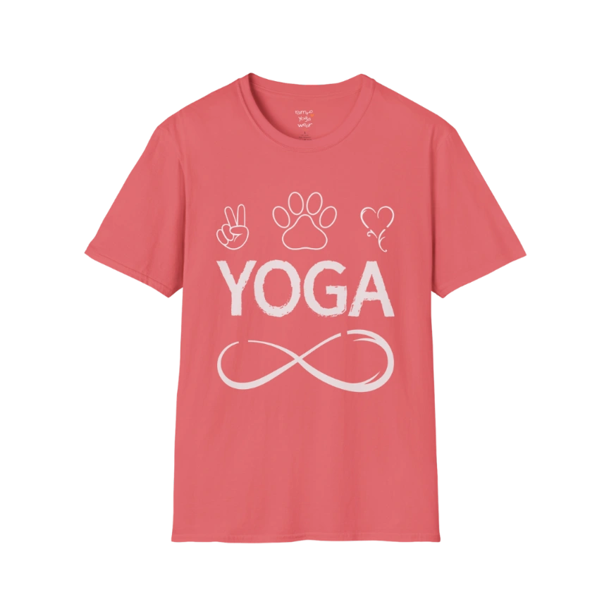 Paw print and heart icons above YOGA text with infinity symbol design — The Vault collection by Ramro Yoga Wear — Coral Silk