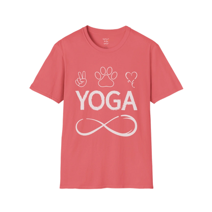 Paw print and heart icons above YOGA text with infinity symbol design — The Vault collection by Ramro Yoga Wear — Coral Silk