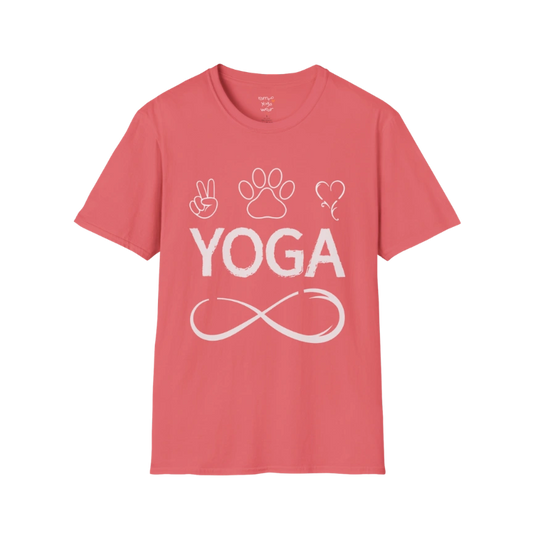 Paw print and heart icons above YOGA text with infinity symbol design — The Vault collection by Ramro Yoga Wear — Coral Silk