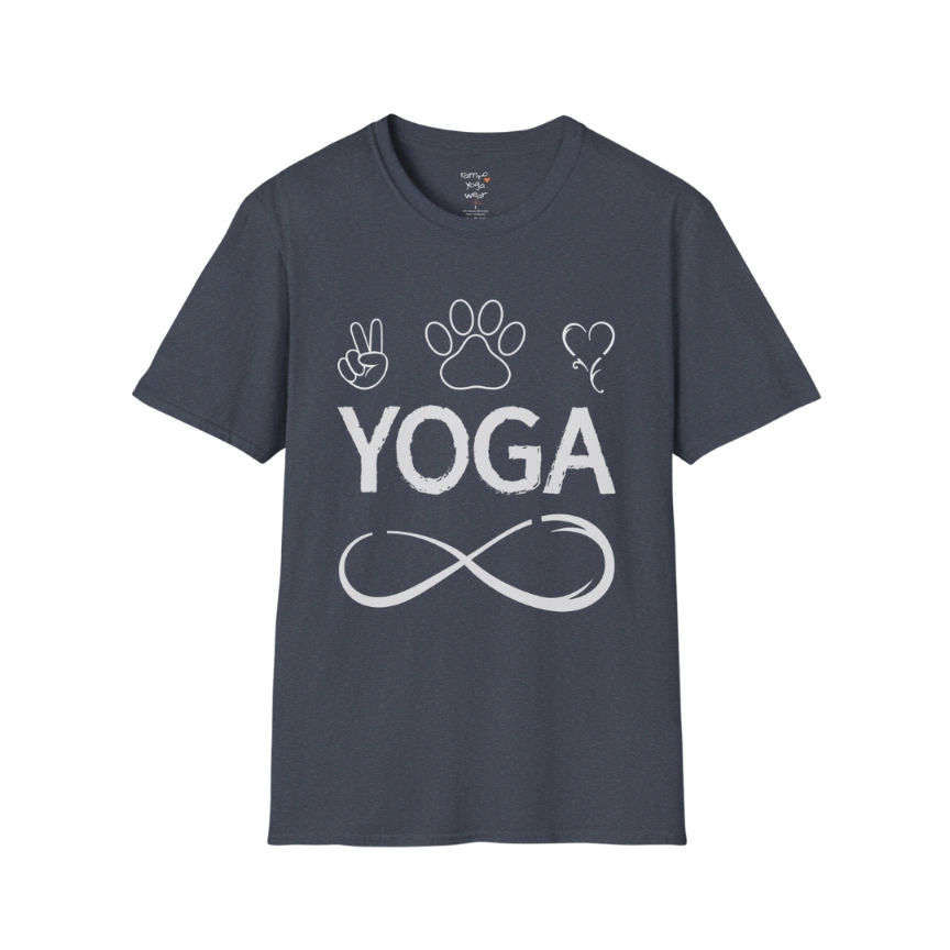Paw print and heart icons above YOGA text with infinity symbol design — The Vault collection by Ramro Yoga Wear — Heather Navy