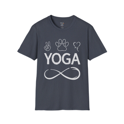 Paw print and heart icons above YOGA text with infinity symbol design — The Vault collection by Ramro Yoga Wear — Heather Navy