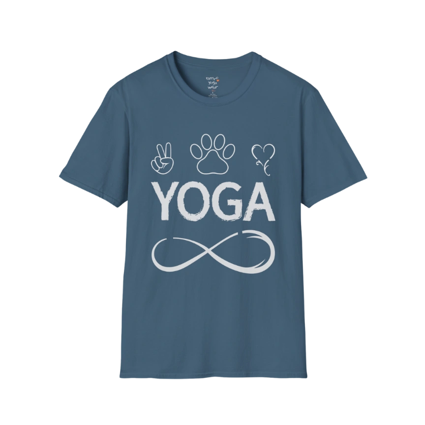 Paw print and heart icons above YOGA text with infinity symbol design — The Vault collection by Ramro Yoga Wear — Indigo Blue