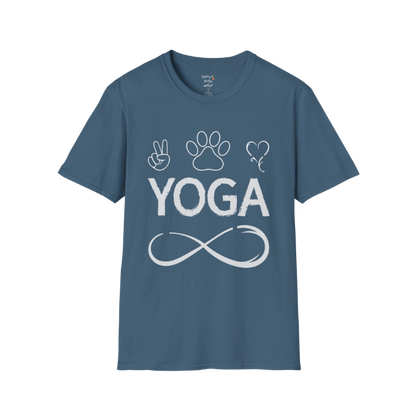 Paw print and heart icons above YOGA text with infinity symbol design — The Vault collection by Ramro Yoga Wear — Indigo Blue