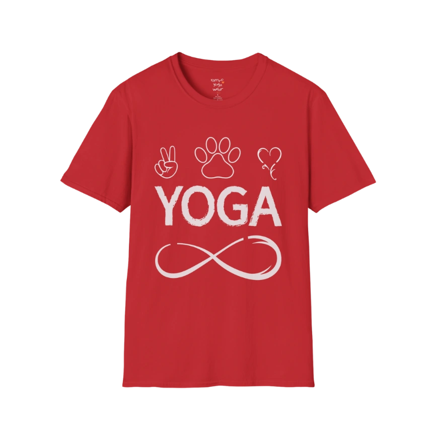 Paw print and heart icons above YOGA text with infinity symbol design — The Vault collection by Ramro Yoga Wear — Red